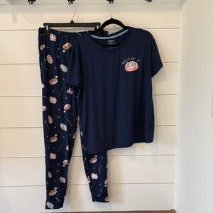 Joyspun Size L “Ruffin’it” Dog print Women's Navy Blue Pajama Set